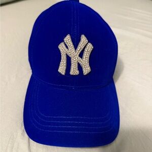Royal Blue NY Yankee Logo Velvet Cap with Silver Bling Logo